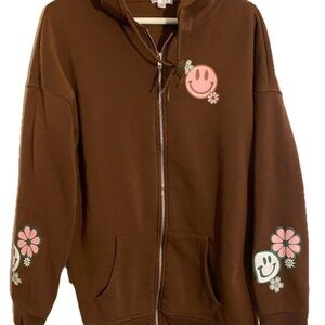 Orange Kiss Do What Makes You Happy Brown Smiley Face Flowers Zip Hoodie Large